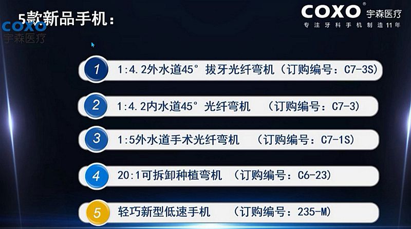 宇森牙科手機新品推介會，無菌拔牙手機、1:4.2增速反角光纖手機c7-3s。 科貿嘉友熱線17791999852